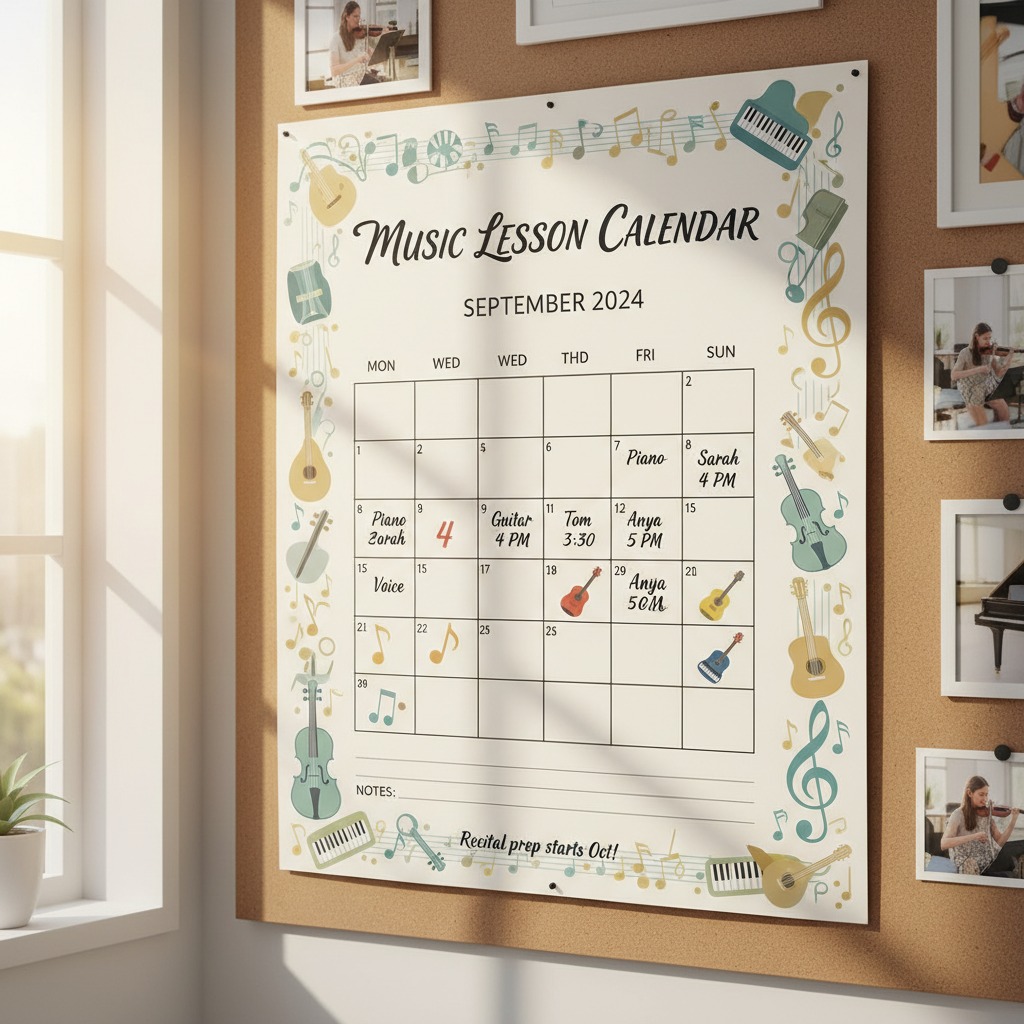 Un calendario scolastico di musica per il mese di settembre 2024 è appeso a una bacheca di sughero con illustrazioni di strumenti musicali lungo i bordi.